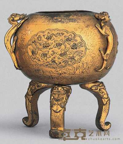 18世纪 鎏金铜双螭耳三足香炉 高16.5cm